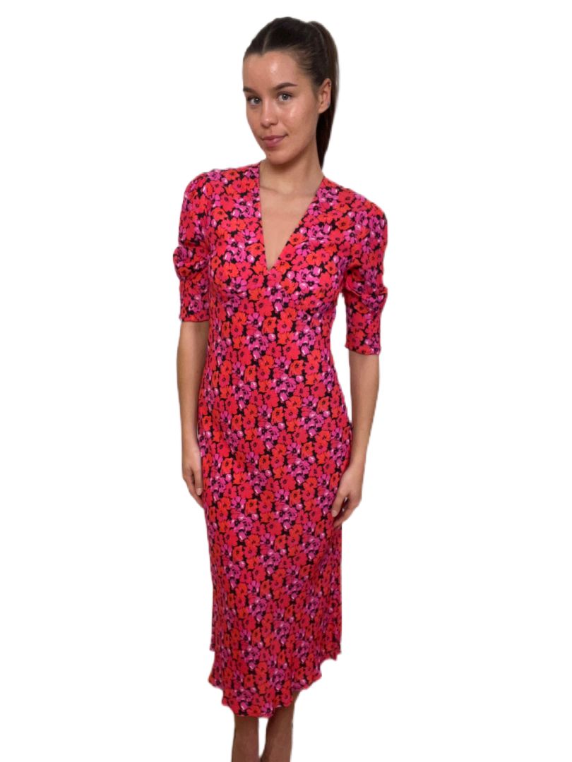 Rixo Pink & Red Floral Maxi Dress with Three Quarter Length Sleeves. S
