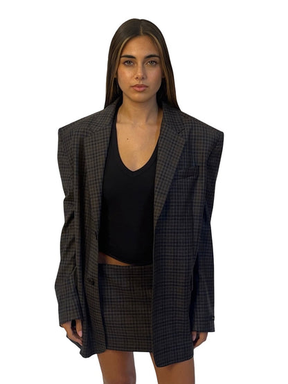 Balenciaga Grey / Blue Check Blazer w/ Anchored Skirt Extension. Size: 34