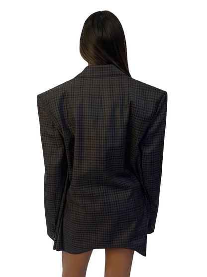 Balenciaga Grey / Blue Check Blazer w/ Anchored Skirt Extension. Size: 34