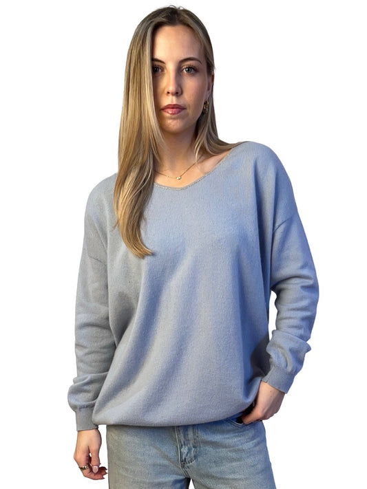 Brunello Cucinelli Blue Cashmere Sweater w/ Embellished Neck. Size: XL