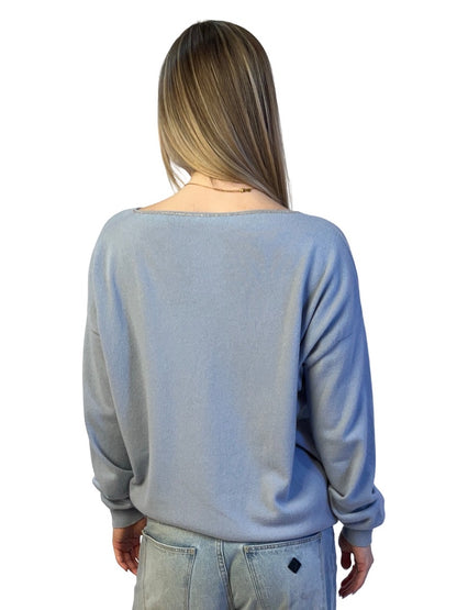 Brunello Cucinelli Blue Cashmere Sweater w/ Embellished Neck. Size: XL