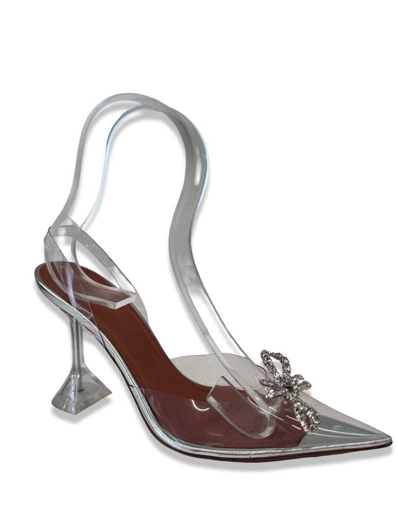 Amina Muaddi 'Rose' Glass/Silver Slingback Pumps. Size: 41