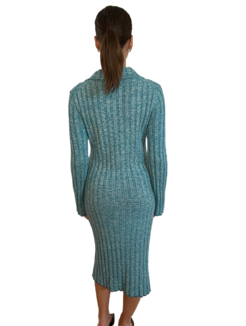 Acne Blue Long Ribbed Dress with Collar. Size: Small