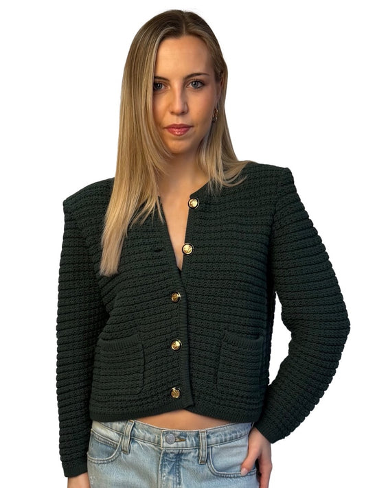 Ba&sh Green Cotton Knit Cardigan w/ Gold Buttons. Size: 3