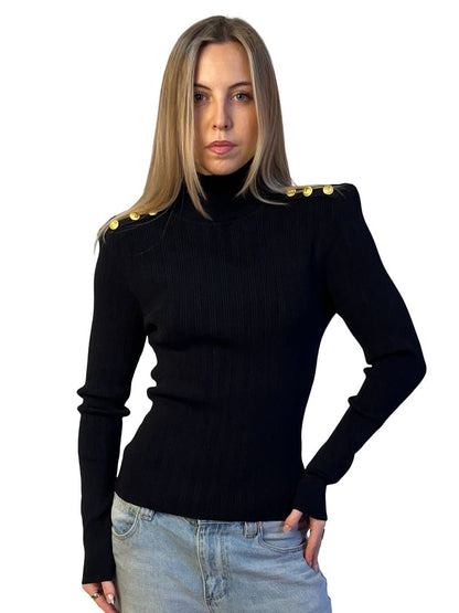 Husk Black Turtleneck w/ Gold Button Shoulders. Size: L