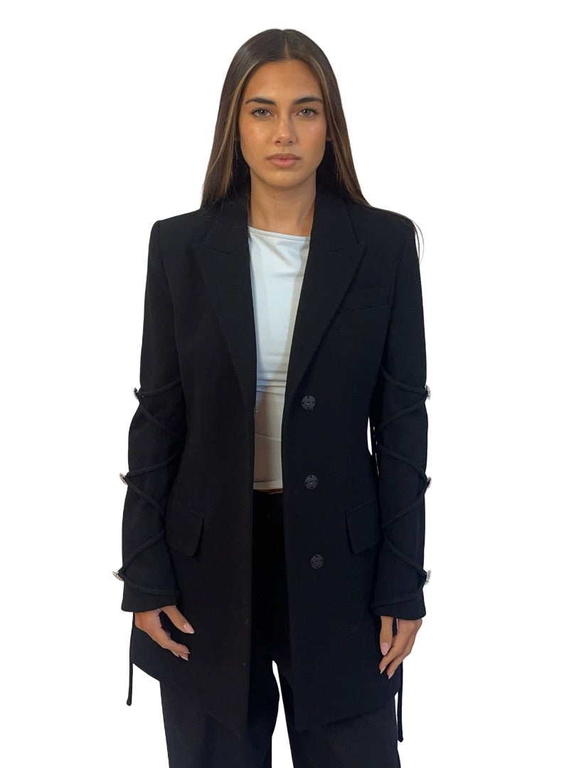 Mach & Mach Black Peak Lapel Structured Wool Coat w/ Silver Hearts. Size: 36