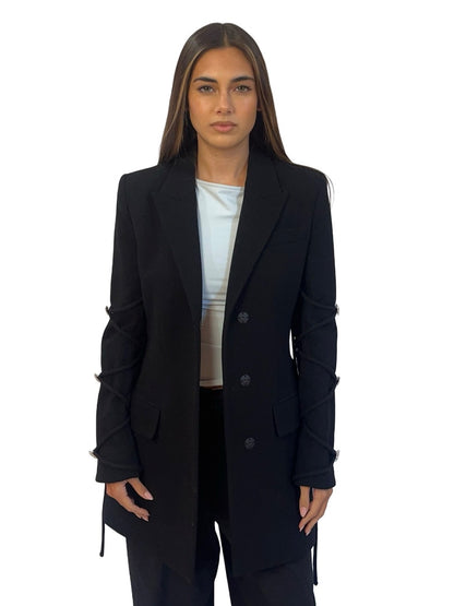 Mach & Mach Black Peak Lapel Structured Wool Coat w/ Silver Hearts. Size: 36