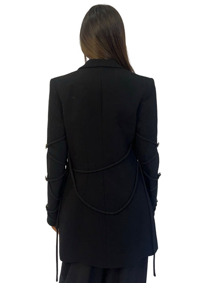 Mach & Mach Black Peak Lapel Structured Wool Coat w/ Silver Hearts. Size: 36