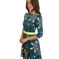 Peter Pilotto Green Print Midi Length Elbow Length Sleeve Panelled Dress With Belt. Size: 10