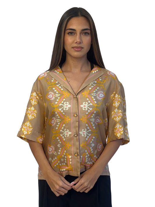 Sandro Gold Printed Short Sleeve Silk Shirt. Size: 1