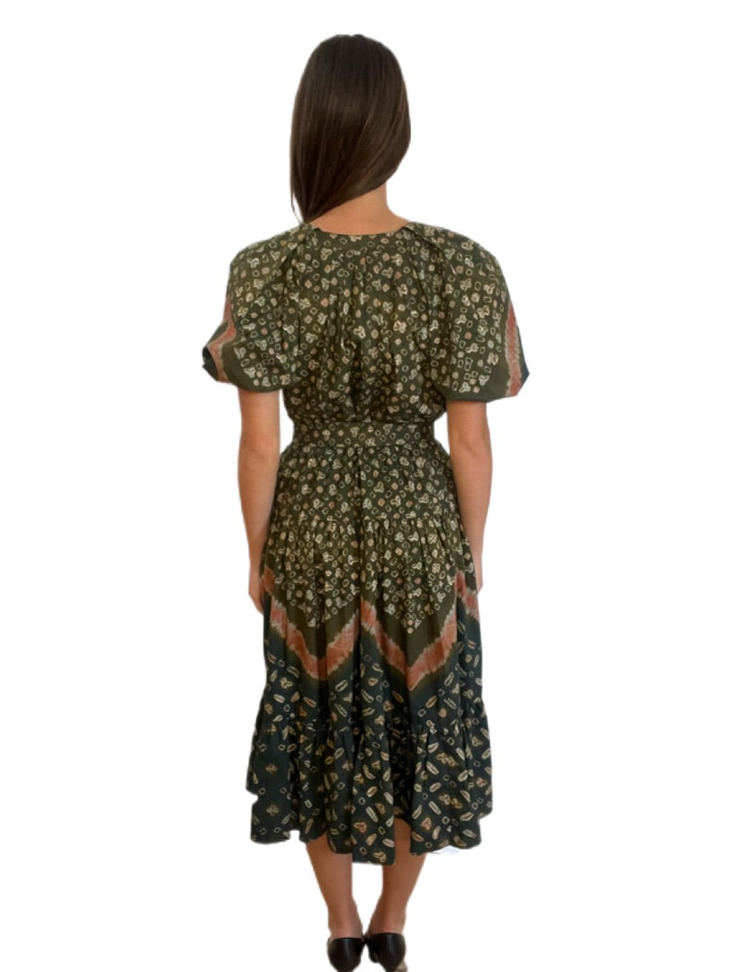 Ulla Johnson Green Print Long Dress with Short Sleeves and Waist Tie. Size: 6