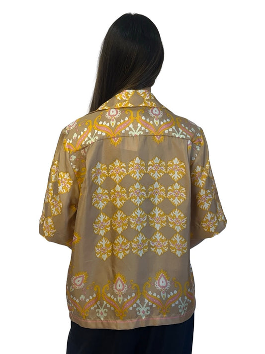 Sandro Gold Printed Short Sleeve Silk Shirt. Size: 1
