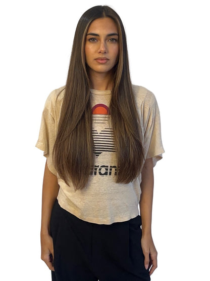Isabel Marant Neutral Pleated Linen Logo Tee. Size: 8