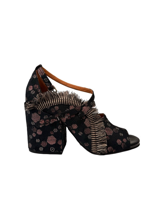 Dries Van Noten Black Hexagon Embroidered Block Heel. Size: 39.5