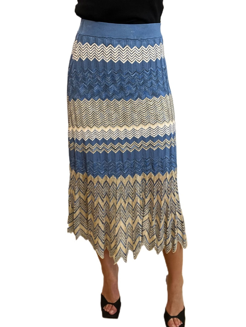 Sandro White & Blue Striped Knit Midi Skirt. Size: 2