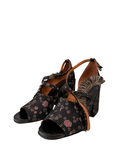 Dries Van Noten Black Hexagon Embroidered Block Heel. Size: 39.5
