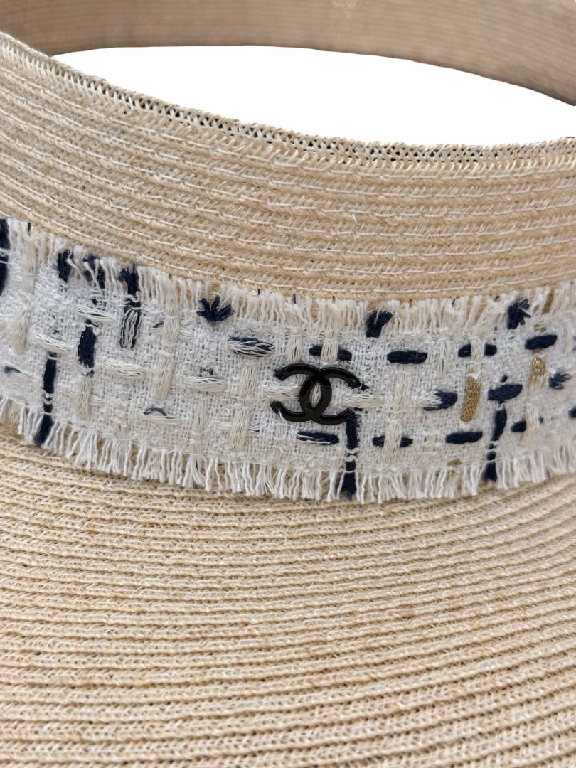 Chanel Cream Asymmetric Straw Visor W Cotton CC Band. Size: S