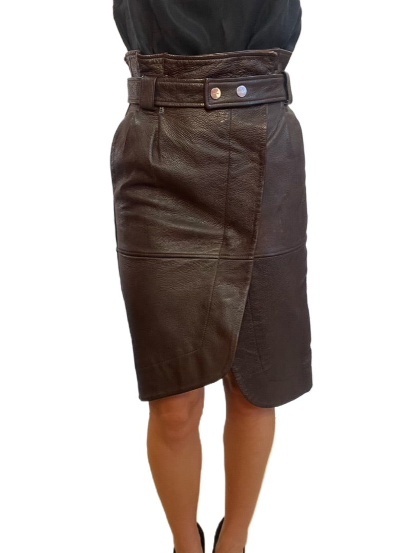 Ganni Brown Leather Midi Belted Skirt. Size: 34
