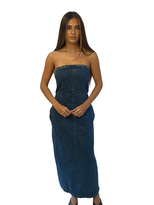 Raey Blue Denim Maxi Bandeau Dress. Size: 10