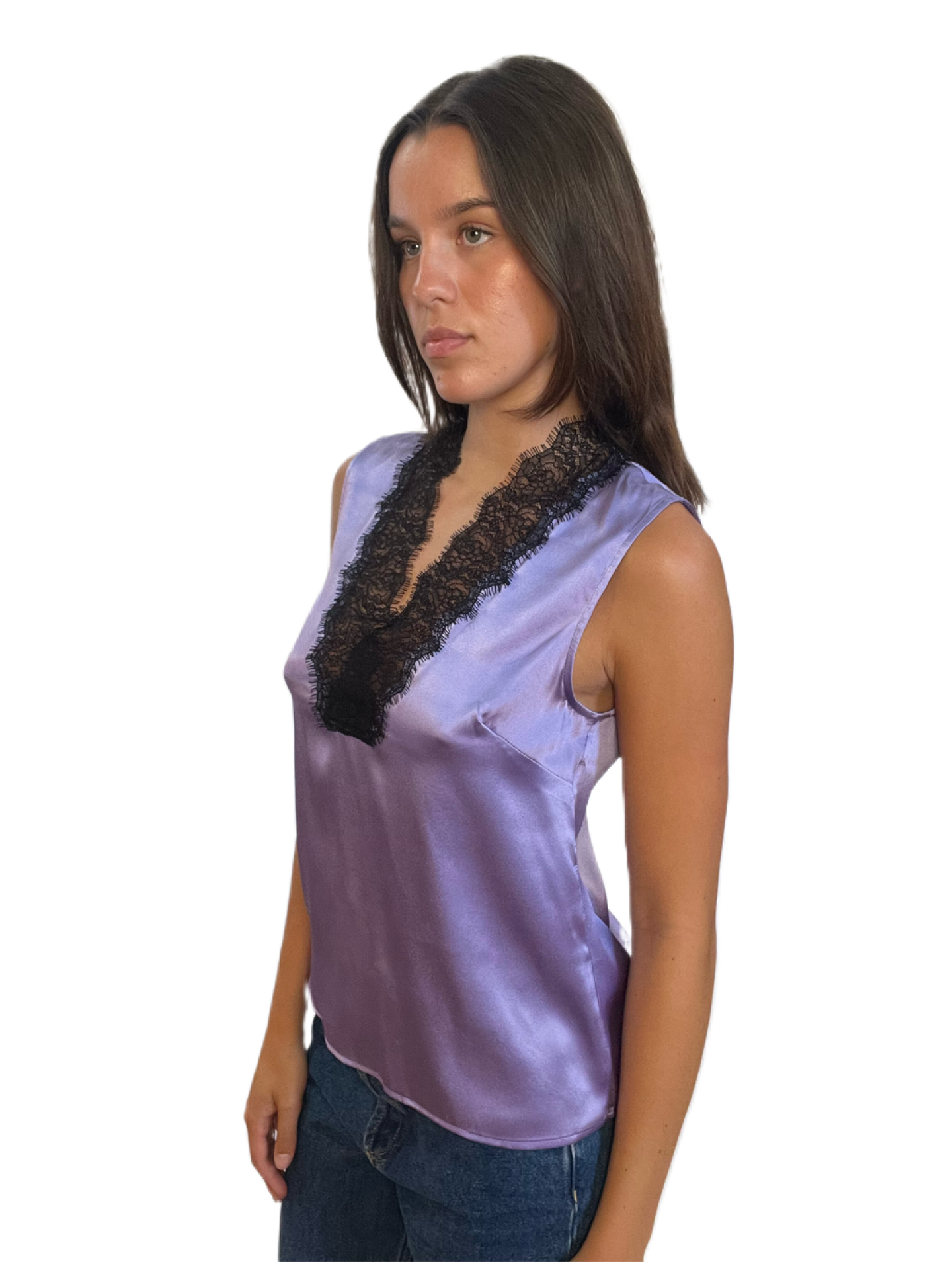 Scanlan Theodore Purple Silk V Neck Tank Top with Lace Detail. Size: 8