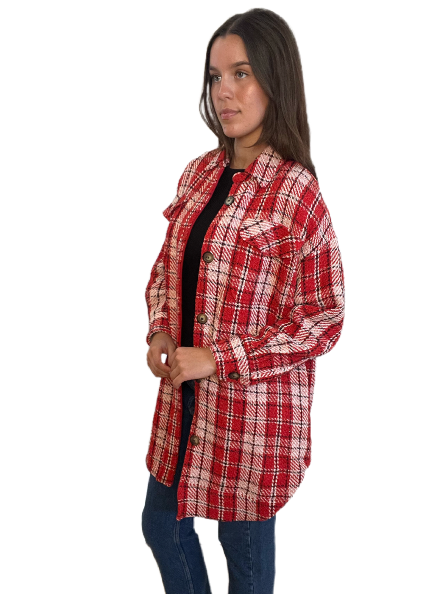 Essential Antwerp Red Checkered Tweed Oversized Over Coat. Size: XS