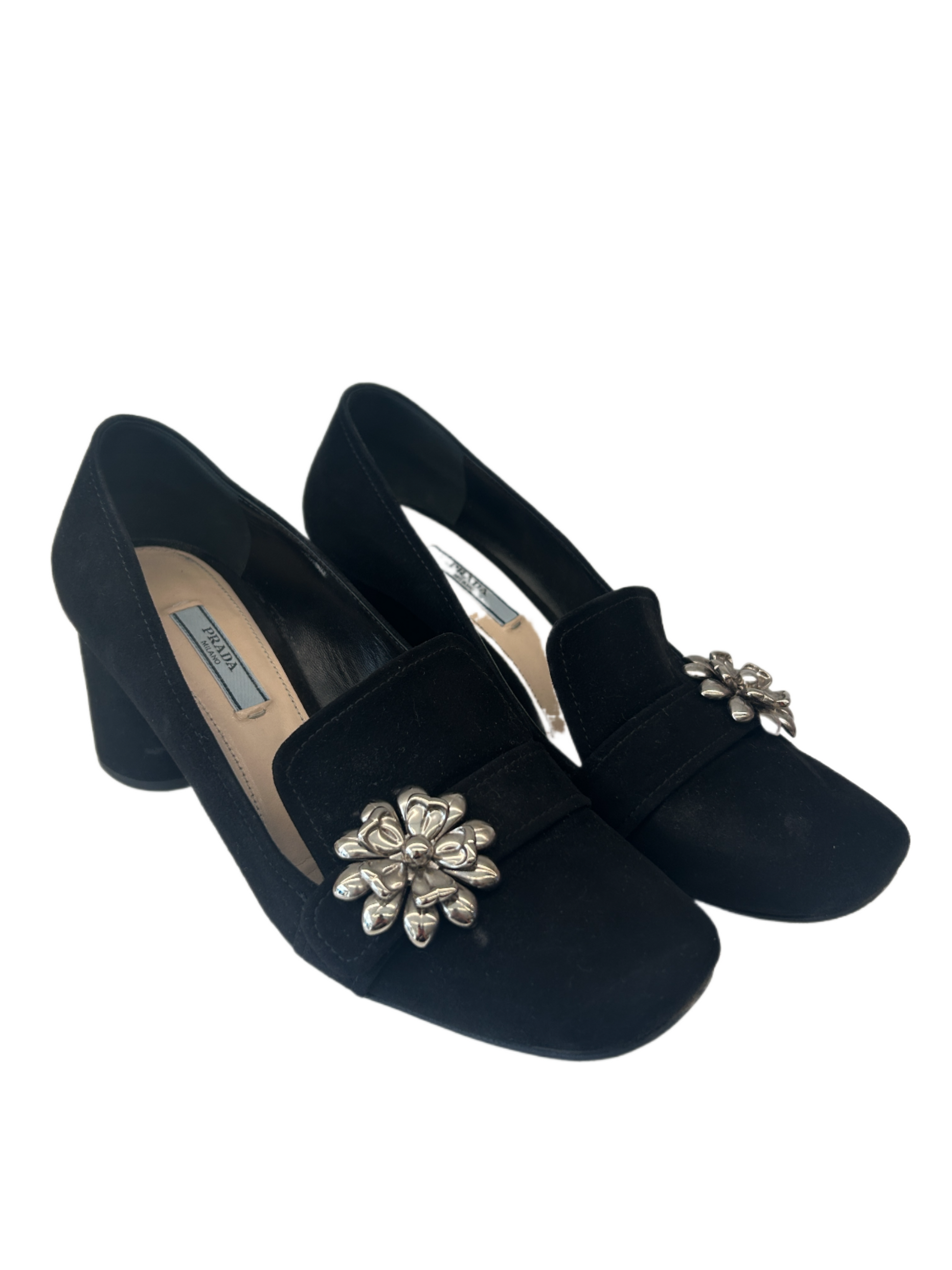 Prada Black Block Heels w Silver Flower Detail. Size 38