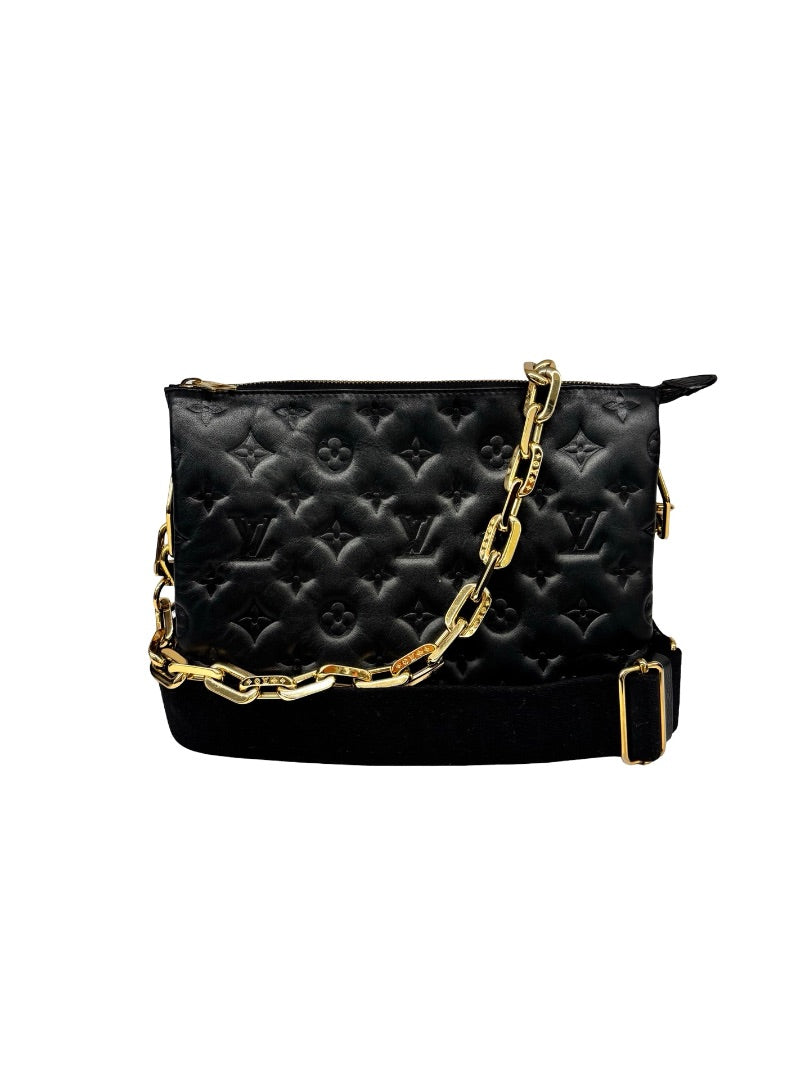 Louis Vuitton Black 'Coussin PM M21260' Crossbody Bag W Gold Shoulder Chain.