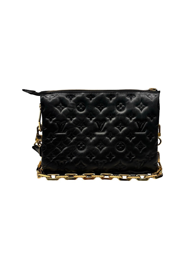 Louis Vuitton Black 'Coussin PM M21260' Crossbody Bag W Gold Shoulder Chain.