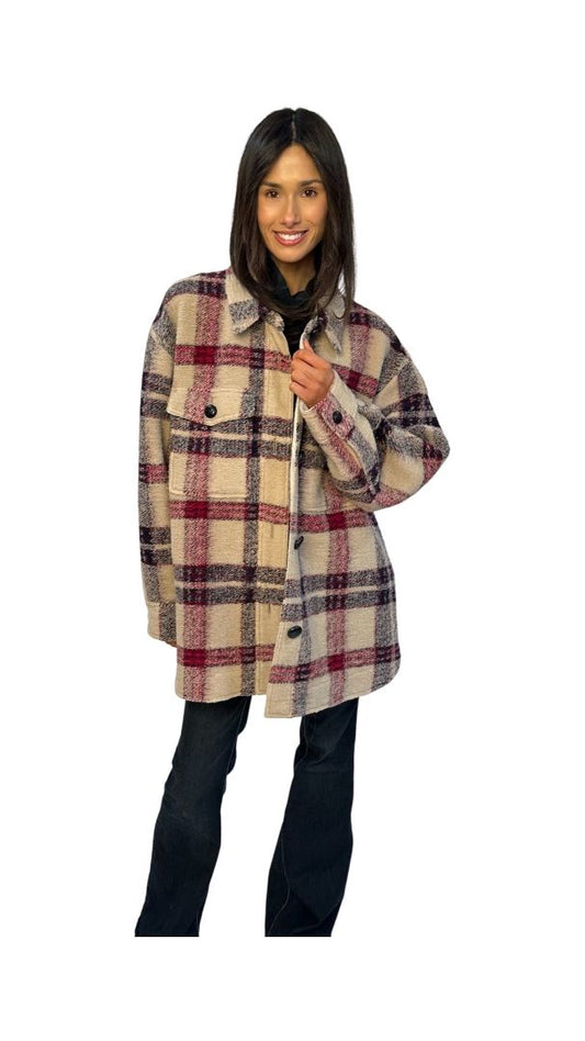 Isabel Etoile Marant Beige/Purple Wool Blend Plaid Shacket. Size: 42