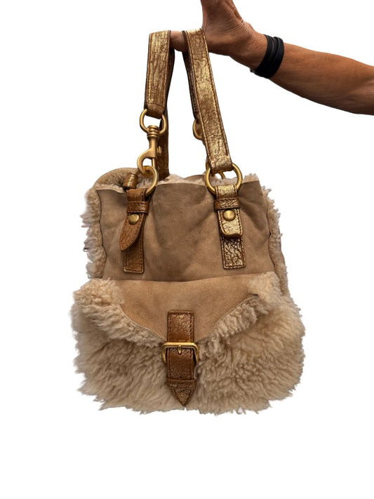 Miu Miu Beige Shearling Reversible Tote Crossbody Bag.