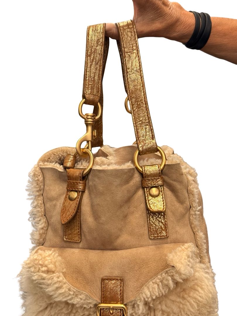 Miu Miu Beige Shearling Reversible Tote Crossbody Bag.