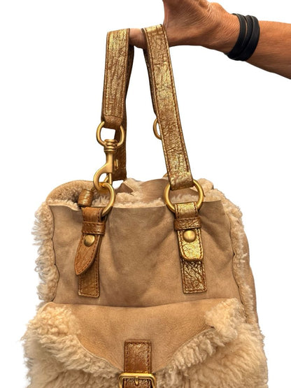 Miu Miu Beige Shearling Reversible Tote Crossbody Bag.