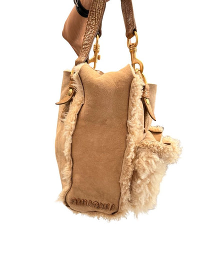 Miu Miu Beige Shearling Reversible Tote Crossbody Bag.