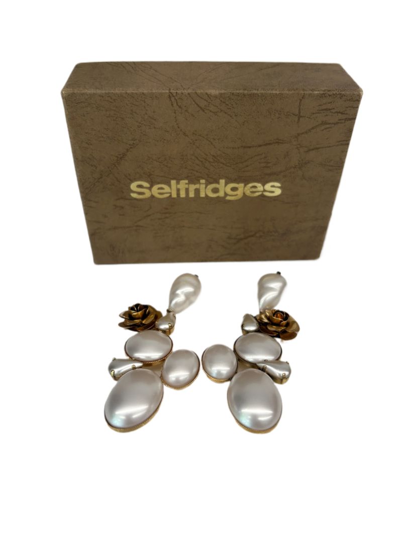 Selfridges Gold Clip on Drop Pearl Earrings. Size: