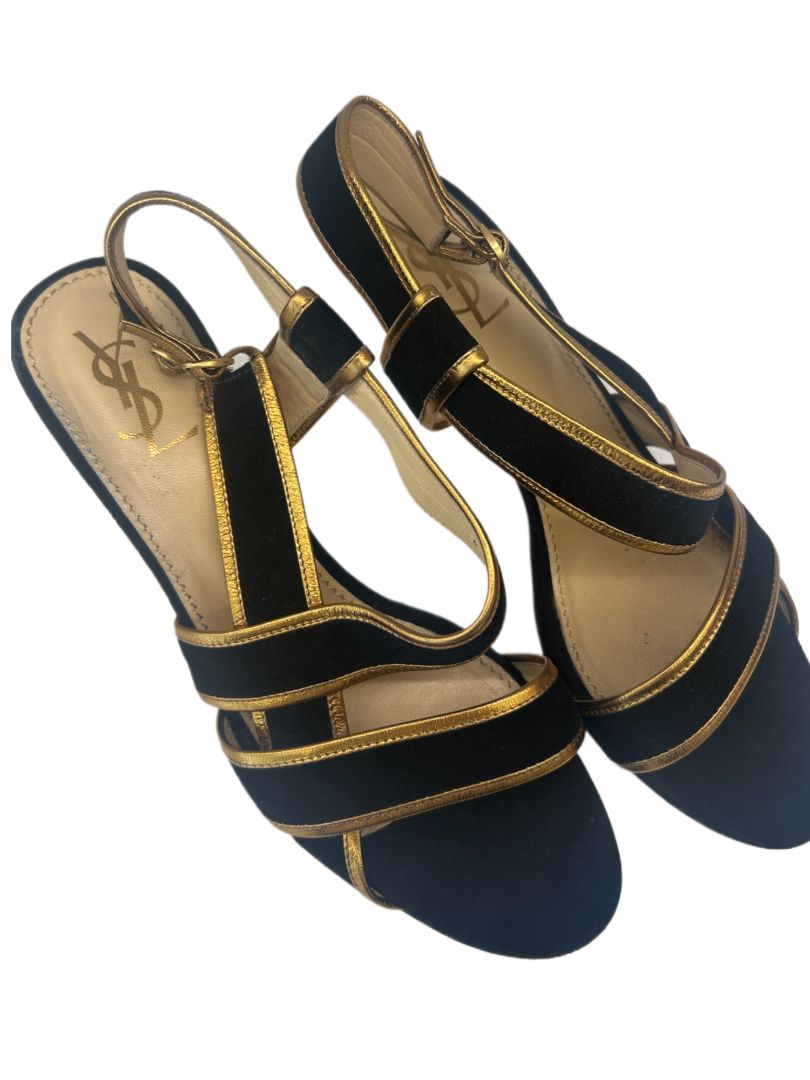 Saint Laurent Black & Gold Heeled Suede Sandals. Size: 39