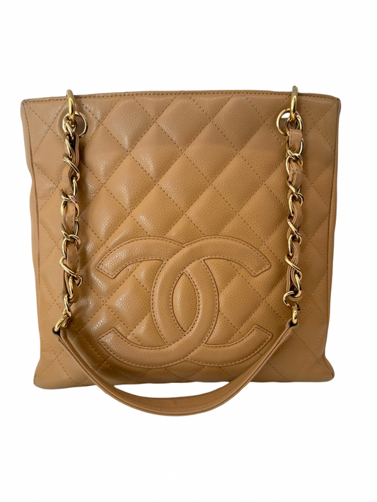 Chanel Beige Clair Caviar Petite Shopping Tote. Size: