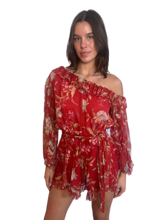 Zimmermann Red Long Sleeve Silk Floral Printed Mini Playsuit. Size: 1
