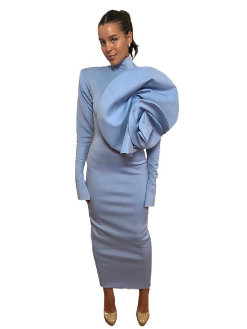 Mariam Seddiq Light Blue High Neck Backless Flower Dress. Size: 8