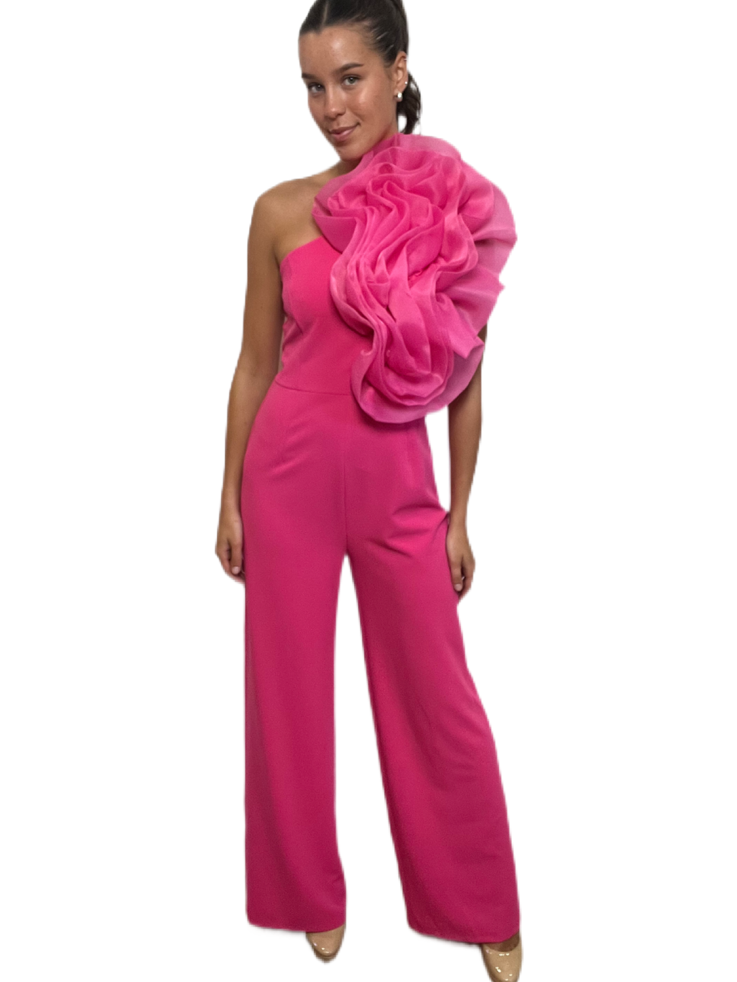 Forever Unique Pink Jumpsuit w Flower Detail. Size: 38
