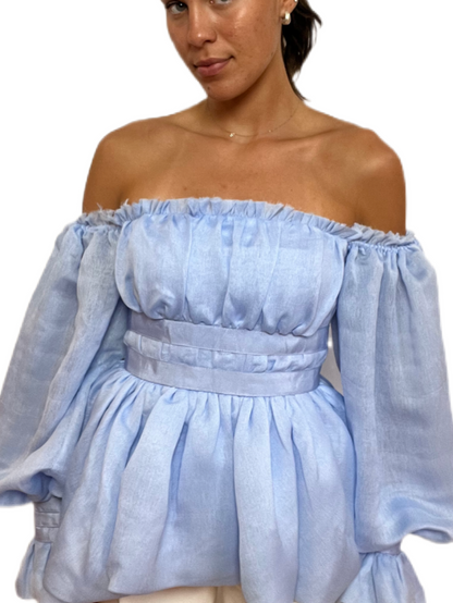 Aje Pale Blue Puff Sleeve Off-the-Shoulder Top. Size: 8