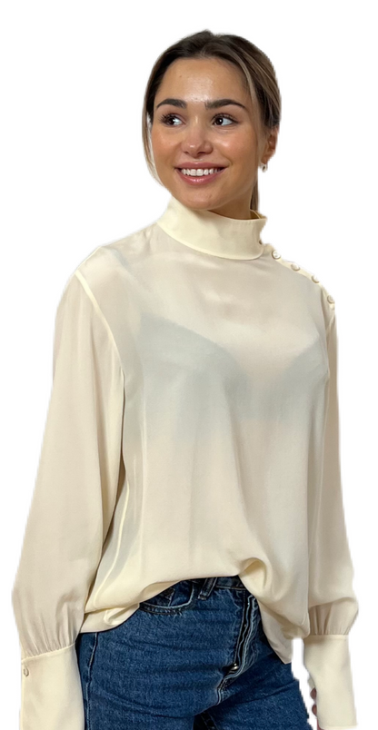 Chloe Buttercream Blouse with Shoulder Button Details. Size: 40