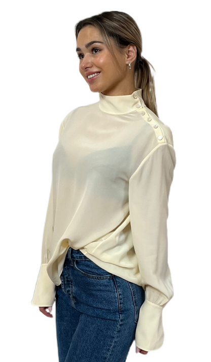 Chloe Buttercream Blouse with Shoulder Button Details. Size: 40