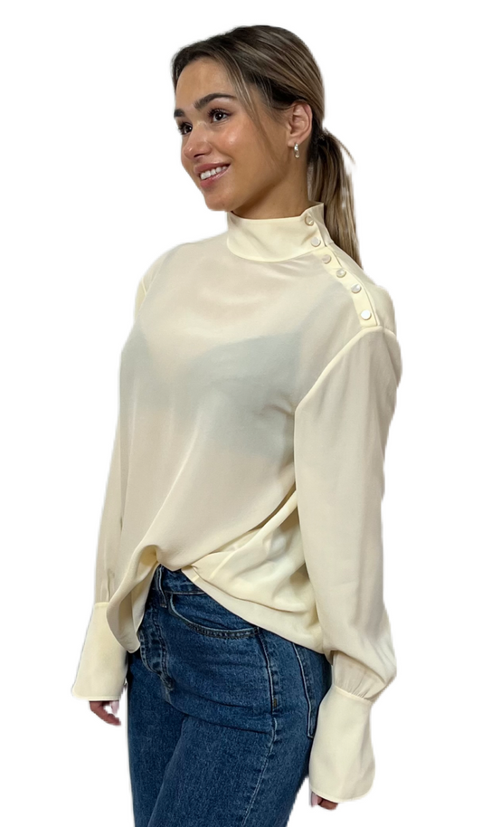 Chloe Buttercream Blouse with Shoulder Button Details. Size: 40