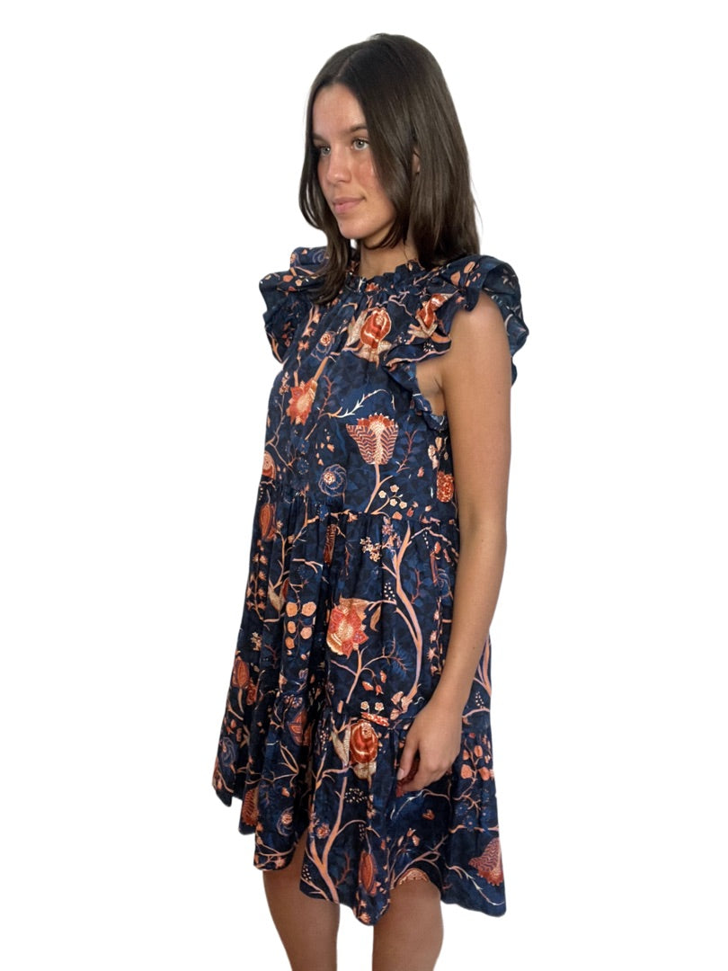 Ulla Johnson Blue Orange Short Sleeve Short Frill Dress. Size: 10