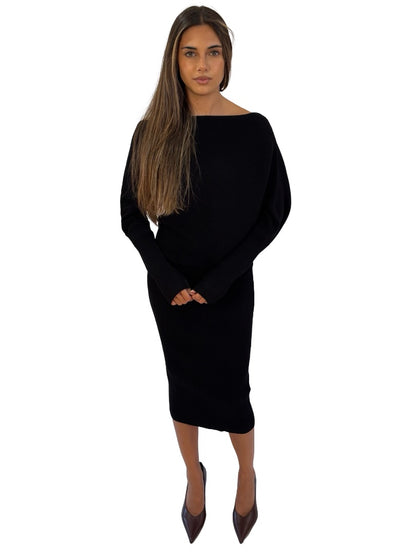 Reiss Black Ribbed Long Sleeve Assymetric Dress. Size: M