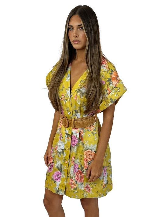 Zimmermann Mustard Rose 'Pattie' Linen Belted Mini Dress. Size: 1