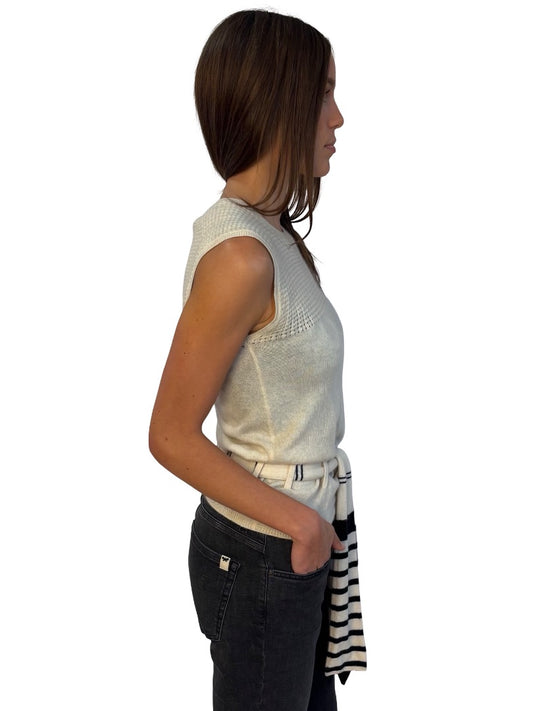 Chanel Cream / Navy Cashmere Knit Tank Top w/ Striped Waist Belt. Size: 40