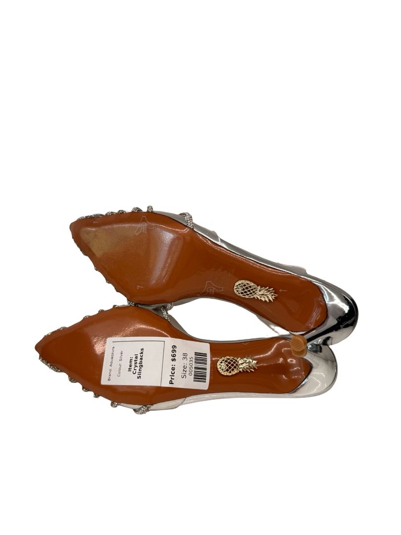 Aquazzura Silver 'Gatsby 75 Embellished Slingback Pumps'. Size: 38
