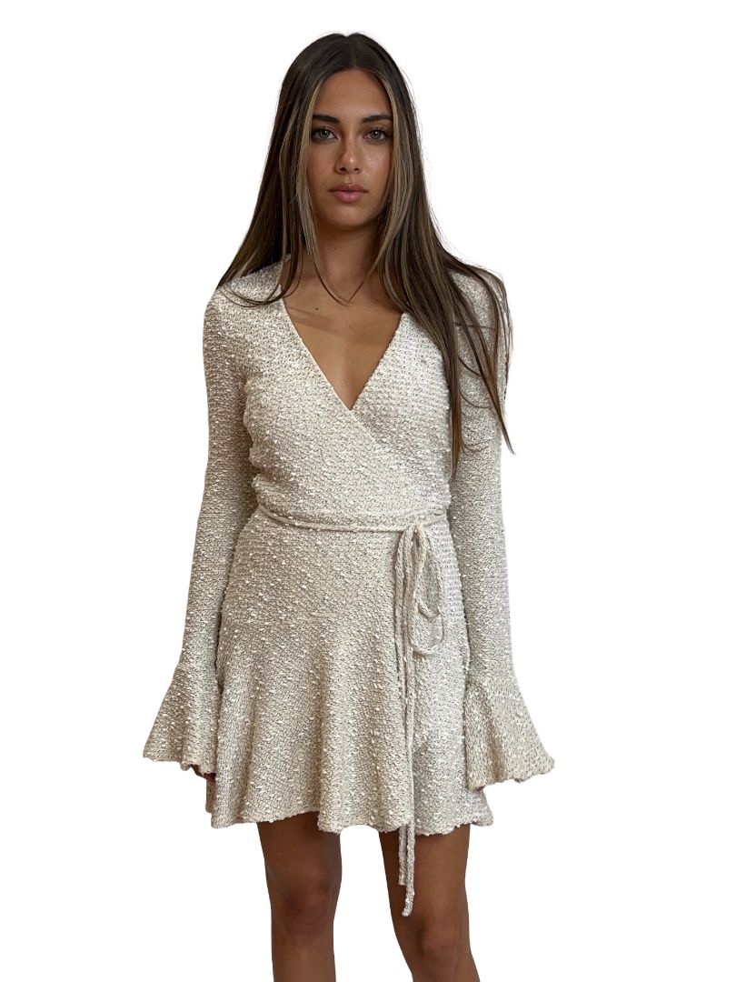 Shona Joy Neutral Mini Wrap Dress w/ Ruffle. Size: 8