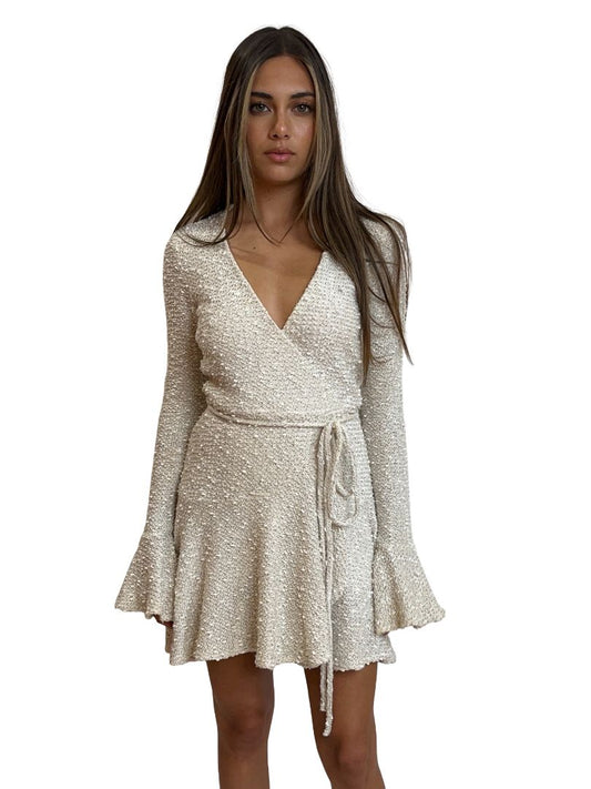 Shona Joy Neutral Mini Wrap Dress w/ Ruffle. Size: 8